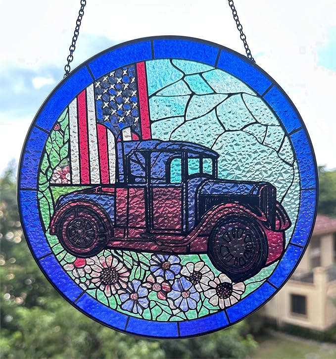 Patriotic Sun Catchers Us Flag - Originally Designed 4th of July Decorations Gifts for Veteran Stained Glass Window Hanging | Patriotic Suncatcher for Men