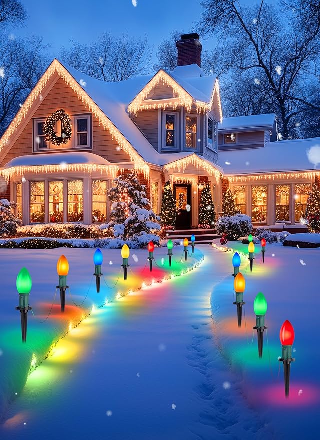 Brightown Frosted C9 LED Christmas Lights Outdoor, 32Ft Pathway Lights with 25 LED Bulbs and Stakes, Multicolor Christmas Decorations for Outside Driveway, Walkway, Sidewalk