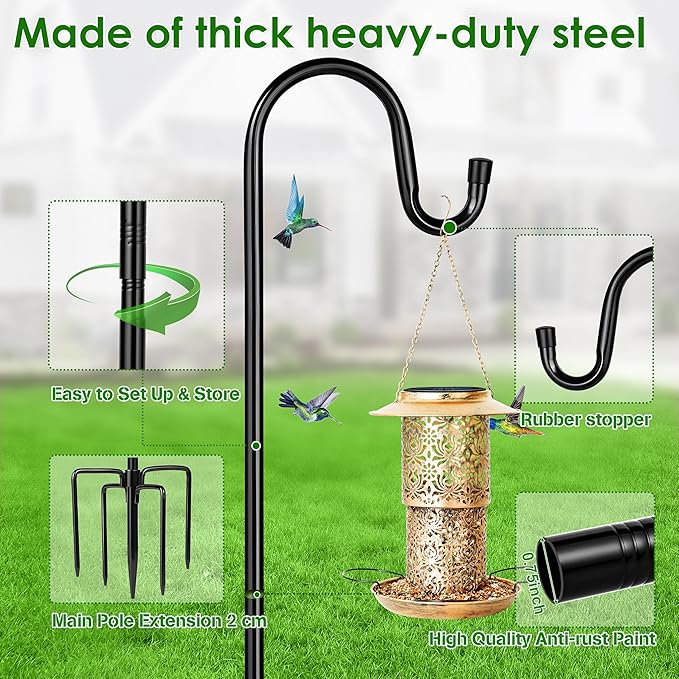 XDW-GIFTS Bird Feeder Pole for Outdoor, 2-Pack 76 Inch Shepherds Hooks Heavy Duty Garden Pole for Hanging Plant Basket, Solar Light Lanterns, Garden Plant Hanger Stands with 5 Base Prongs