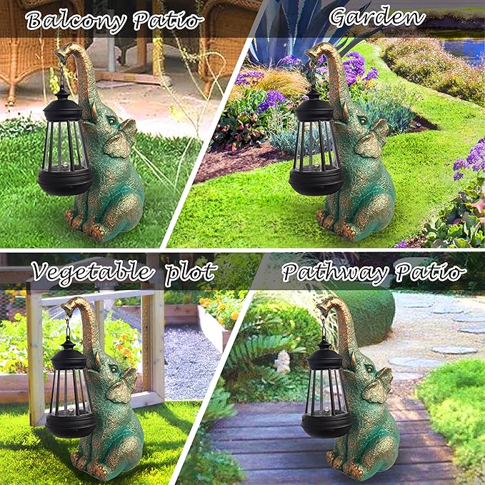 JOYBEE Garden Statues Elephant with Solar Lantern Outdoor Decor-Elephant Solar Figurines Lights Decorations for Patio Yard Lawn Ornaments-Gifts for Birthday Easter Housewarming
