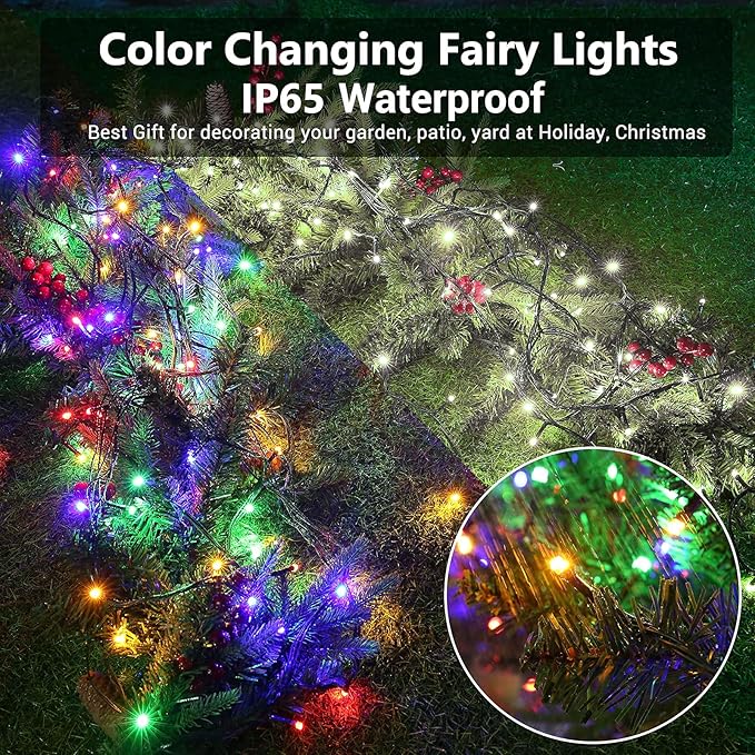 Joomer Color Change Christmas Lights 72ft x 2 Pack 200 LED 11 Modes Solar String Lights Waterproof Twinkle Fairy Lights for Garden, Patio, Fence, Balcony, Outdoors (White to Multicolor)