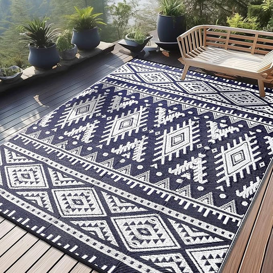 OLANLY Outdoor Rug Waterproof 10x14 ft, Reversible Outdoor Plastic Straw Rug, Boho Patio Rug, Indoor Outdoor Carpet, RV Mat Outside for Patio, Camp, Picnic, Balcony, Deck, Backyard, Navy & White