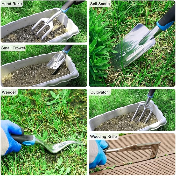 Garden Tool Set with Non Slip Rubber Grip,11 Piece Stainless Steel Gardening Tool Sets,Thickened Repotting Mat & Storage Tote Bag,Heavy Duty Outdoor Hand Tools Uprooting Weeding Tool, Ideal Gifts Blue