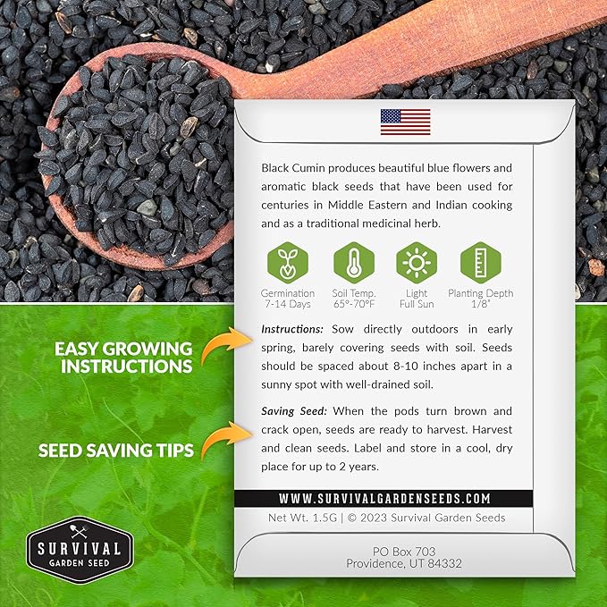 Black Cumin Seed for Planting - 1 Packet with Instructions to Plant and Grow Beneficial Nigella Sativa Plants in Your Home Vegetable Garden - Non-GMO Heirloom Variety - Survival Garden Seeds