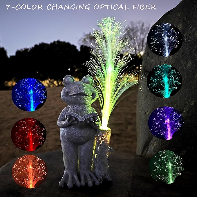 Frog Statue Solar Garden Decor,Resin Frog Statues and Colour Changing Optical Fiber Solar Lights,Outdoor Decoration for Balcony, Garden, Patio, Yard, Lawn,Gifts for Mom Grandma