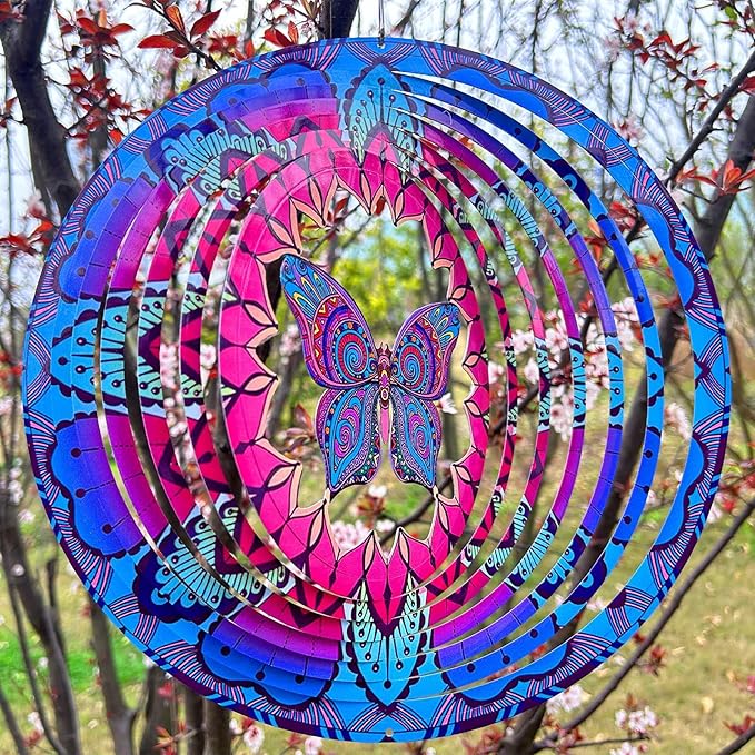 Wind Spinner Colorful Butterfly 12 inch 3D Stainless Steel Laser Cut Metal Double Sided Printing-Hanging Indoor/Outdoor Decorations Yard Gardening Decor,Metal Kinetic Art Ornament Gifts