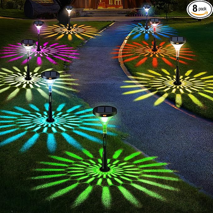 Solar Outdoor Pathway Light, Multicolored 10 Modes RGB Color Changing, IP65 Waterproof Solar Powered Lights, Christmas Decoration for Garden, Lawn, Yard, Patio etc, 8 Pack