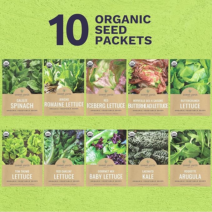 Organic Lettuce & Greens Seeds Variety Pack - 10 Individual Packs - 2025 Season - Buttercrunch, Arugula, Romaine, Kale and More! for Indoor & Outdoor Planting (Non-GMO, Certified Organic)