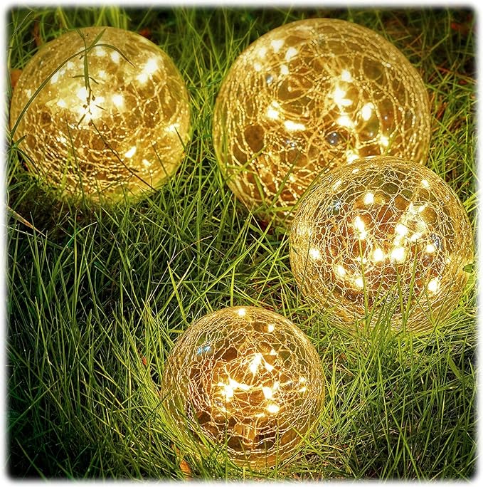 Honoson 6 Inch Solar Globe Lights Outdoor Waterproof, Solar Balls for Garden Cracked Glass Ball, Ground Landscape Garden Decor for Patio and Yard Lawn Backyard (4 Pieces)