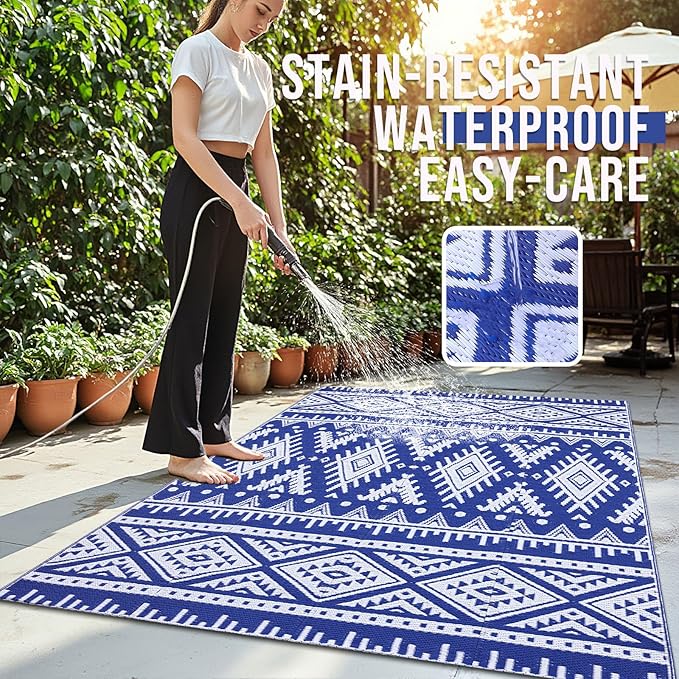 OLANLY Outdoor Rug Waterproof 5x8 ft, Reversible Outdoor Plastic Straw Rug, Boho Patio Rug, Indoor Outdoor Carpet, RV Mat Outside for Patio, Camp, Picnic, Balcony, Deck, Backyard, Blue & White