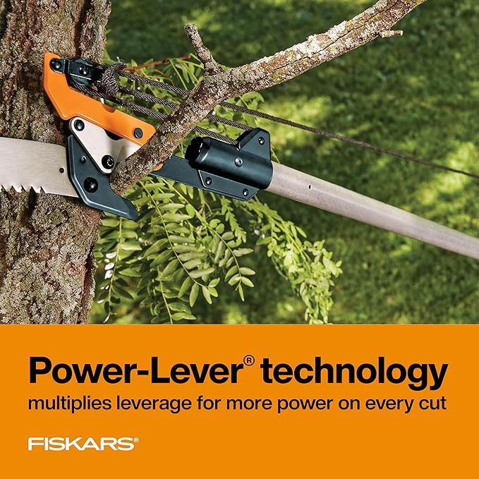 Fiskars 7ft-14ft Power-Lever Extendable Pole Saw and Tree Pruner, Lawn and Garden Tools, Black/Orange