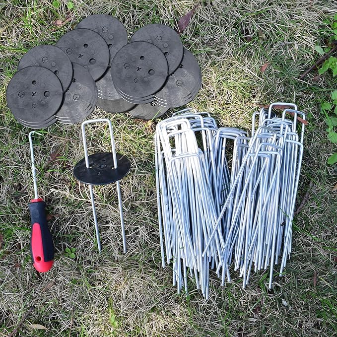 200 PCS Galvanized Landscape Staples 6 Inch, 200 PCS Gaskets and 1 Pick Hook, Heavy Duty Garden Stakes Yard Fabric Pins Artificial Turf Stakes for Weeds Barrier Sod Fabric Decorations Ground Cover