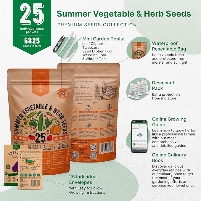 25 Summer Vegetable & Herb Garden Seeds Variety Pack - 6,820+ Non-GMO Heirloom Veggie & Herb Seeds for Outdoors and Indoor Home Gardening: Tomato, Pepper, Okra, Bean, Cucumber, Basil, Rosemary