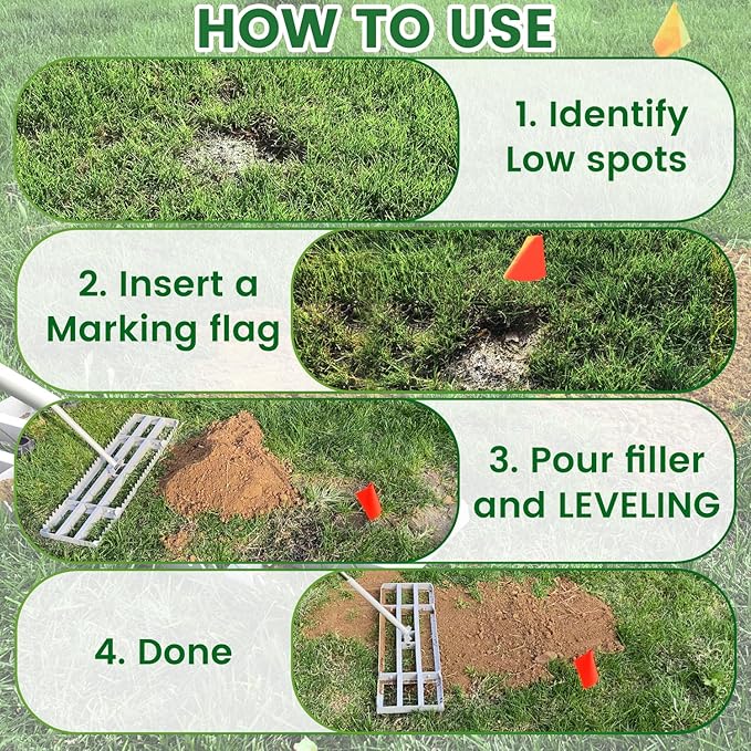 Lawn Leveling Rake, 30in | Double Side can Switch, with 20pc Marking Flags to Mark Low Spot, Stainless + Powder-Coat, FLAT Level Soil/Dirt/Compost on Lawn, SERRATED Rake Dead Grass/Ruts/Gravel on Yard