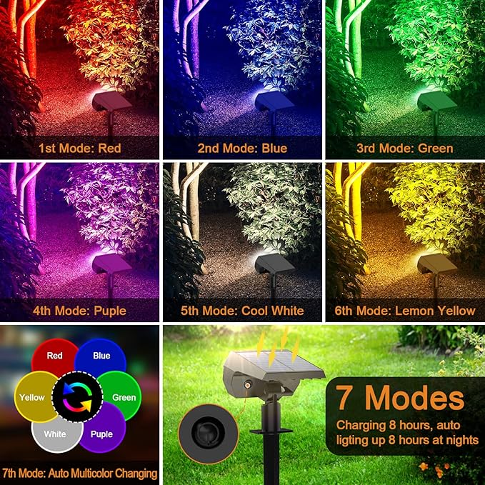 Solar Spot Lights Outdoor Color Changing,[7 Modes/4 Pack] Christmas IP65 Waterproof Landscape Spotlights, Dusk to Dawn Solar Powered Security Light for Patio Gate Walkway Pool Garden Yard Driveway