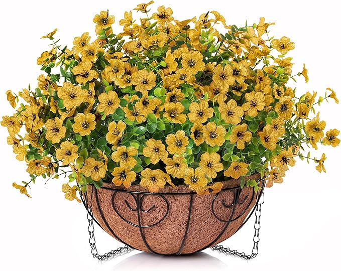 Artificial Fake Fall Hanging Mums Plants Flowers Basket for Outdoor, Autumn Faux Silk Yellow Daisy in Hang Planter Look Real UV Resistant for Porch Home Patio Balcony Yard Decor