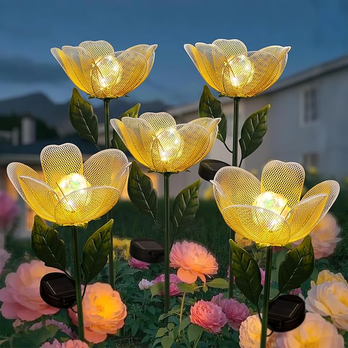 Solar Lights Outdoor Garden, 2 Pack Solar Powered Metal Flowers LED Breathing Light Waterproof,Solar Flowers for Outside Patio Lamp,Garden Gifts for Women,Landscape Lighting,Yard Pathway Decor