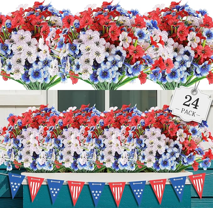 24 Bundles Artificial Flowers for Outdoor,No Fade Fake Plastic Flowers for Garden Porch Window Box Home,Red White Blue Faux Plants for 4th of July Memorial Day Independence Day Patriotic Decor