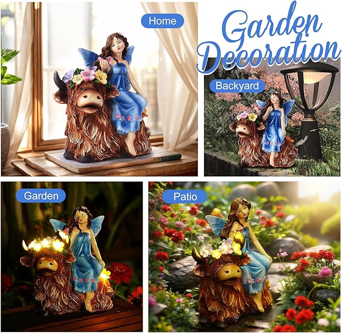 Solar Angel Garden Statue - Garden Fairy Sitting on a Highland Cow with Flowers, Butterflies and 5 LED Lights - Decorate Table, Terrace, Lawn, Birthdays, Grandma, mom
