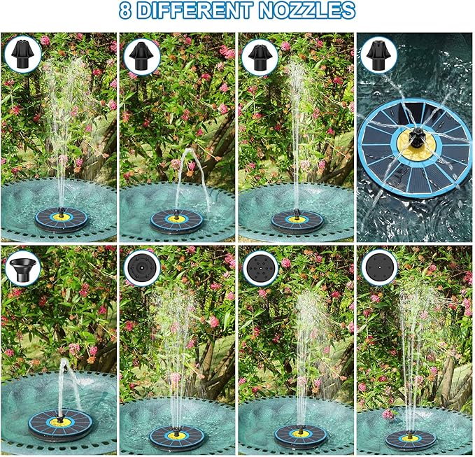 Solar Fountain for Bird Bath, 3.5W Upgraded Solar Bird Bath Fountain with 4 Fixed Pipes 7 Nozzles No Battery, Solar Fountain Pump for Bird Bath Small Ponds Pool Outdoor(Blue)