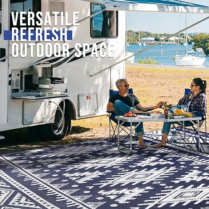 OLANLY Outdoor Rug Waterproof 6x9 ft, Reversible Outdoor Plastic Straw Rug, Boho Patio Rug, Indoor Outdoor Carpet, RV Mat Outside for Patio, Camp, Picnic, Balcony, Deck, Backyard, Navy & White