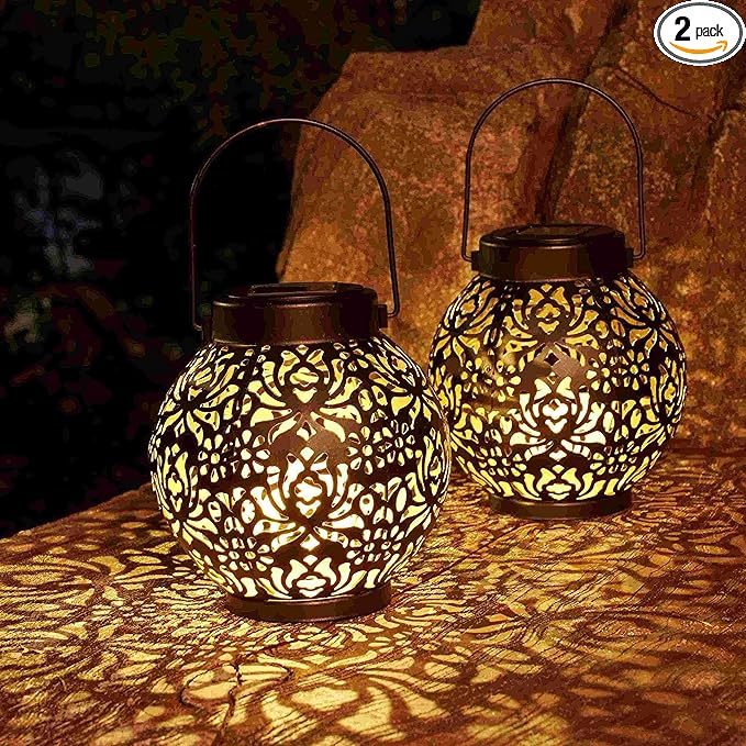 Set of 2 Solar Lantern Outdoor Hanging Decorative Lights for Garden Patio Porch Decorations. (Black)