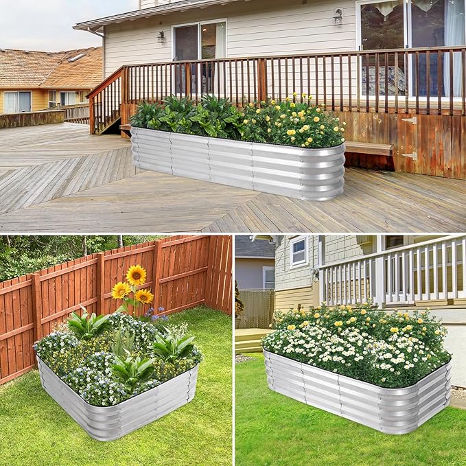 3-in-1 Modular Raised Garden Bed Kit - Adjustable Sizes (4x2x1ft, 3x3x1ft, 5x1x1ft) - Heavy Duty Galvanized Steel Planter Box with Bracing Rods & Gloves for Vegetables, Fruits, Flowers