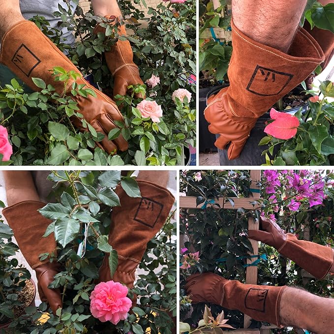 ArtAK Rose Pruning Gloves Leather Rose Gardening Gloves for Men and Women Long Thorn Proof Cowhide Gauntlet Protective Rose Gloves for Rose Bushes Ready to Plant Brown Garden Gloves Large