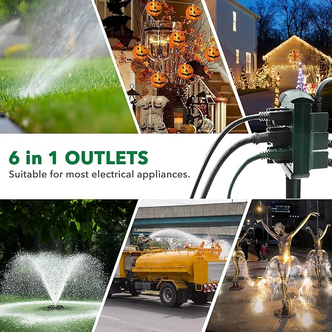 BN-LINK Outdoor Power Stake Timer Waterproof, Power Strip with 6 Grounded Outlets and 6FT Extension Cord, 100FT Wireless Remote Control, Dusk to Dawn Sensor Timer for Lights and Courtyard Decoration