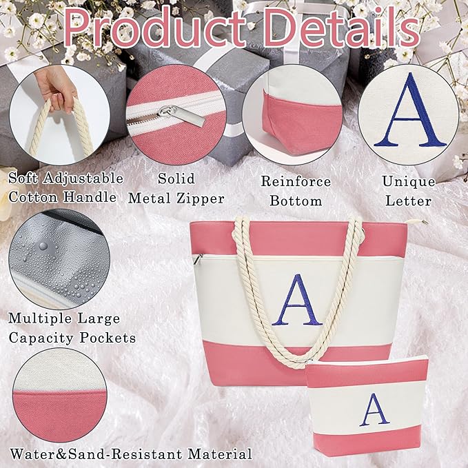 YOOLIFE Beach Bags for Women - Initial Tote Waterproof Bag with Makeup Bag, Mothers Day Gifts for Women Mom Friend Birthday