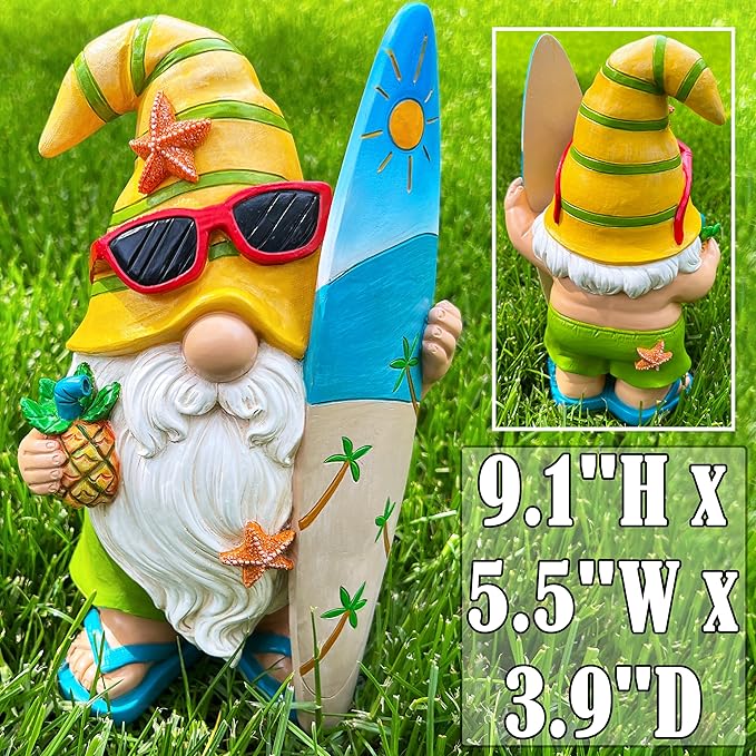Mood Lab Garden Gnome - Surfer Gnome Figurine - 9.1 Inch Tall Funny Lawn Statue - for Outdoor & House Decor