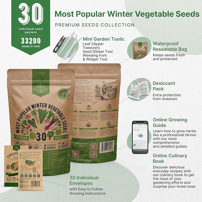 Organo Republic 30 Most Popular Winter Vegetable Garden Seeds Variety Pack- Outdoors/Indoor 8300+ Non-GMO Heirloom Veggie Seeds Broccoli Beet Carrot Cabbage Chives Lettuce Radish Pea Spinach & More