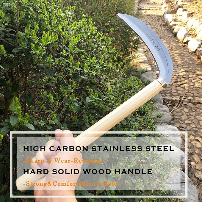 SHANFEEK Grass Sickle Japanese Weeding Hoe Garden Hand Tool Weeding Tools for Garden High-Strength Steel with Solid Wood Handle (Beige)