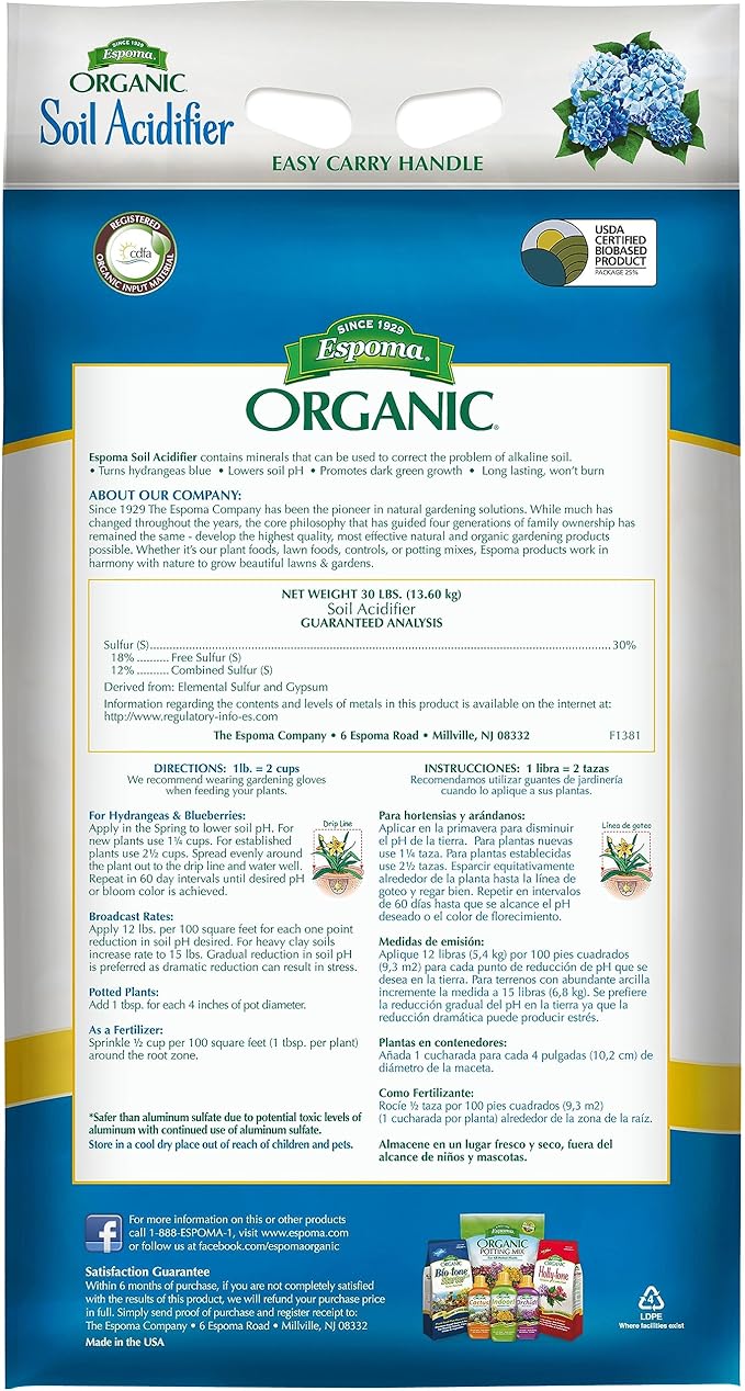 Espoma Organic Soil Acidifier Soil Amendment; Lowers Soil pH and Turns Hydrangeas Blue! Contains Elemental Sulfur & can be Used for Organic Gardening 30 lb. Bag - Pack of 1
