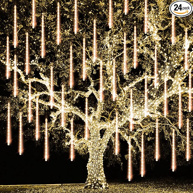 TW SHINE Christmas Meteor Shower Lights Outdoor, 864 LED 12" 24 Tubes Waterproof Christmas Lights Outdoor Plug in, Snow Falling Rain Icicle Xmas Lights Decorations, Warm White