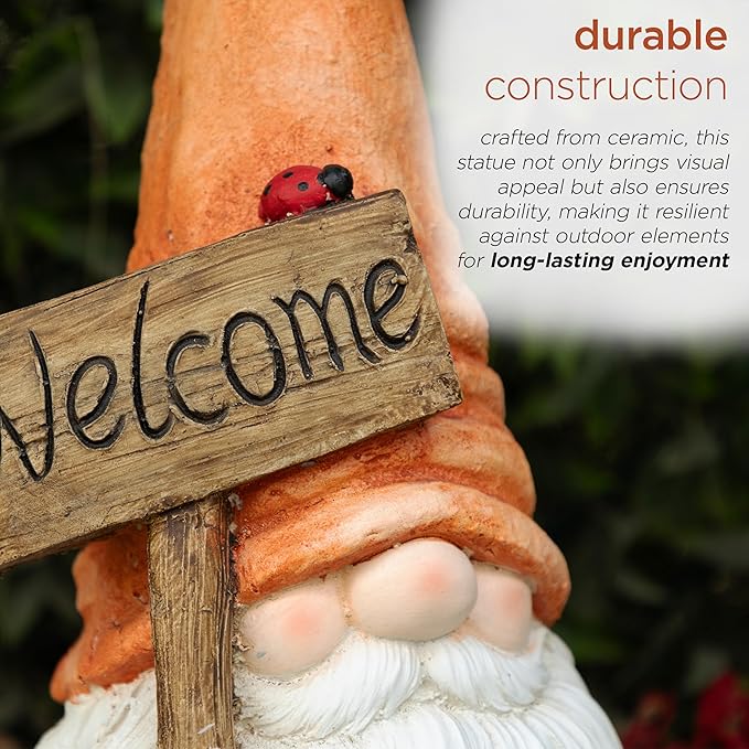 Alpine Corporation MCC848 Indoor/Outdoor Gnome with "Welcome" Sign Garden Statue, Charming Gnome with Hat, 26"H, Orange