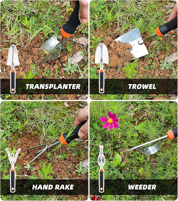 Garden Tool Sets with Organizer, 9 Piece Stainless Steel Heavy Duty Gardening Tool Kit Including Hand Saw, Hand Trowel, Hand Rake, Transplanter, Weeder, Crack Weeder, Pruner, Gloves, Storage Bag