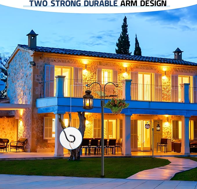 Ottsuls Bird Feeder Pole, 2 Pack 108 INCH Double Shepherds Hooks for Outdoor, Garden Pole with 5 Base Prongs Heavy Duty Planter Hooks for Hanging Plant Baskets, Lantern, Hummingbird Feeder