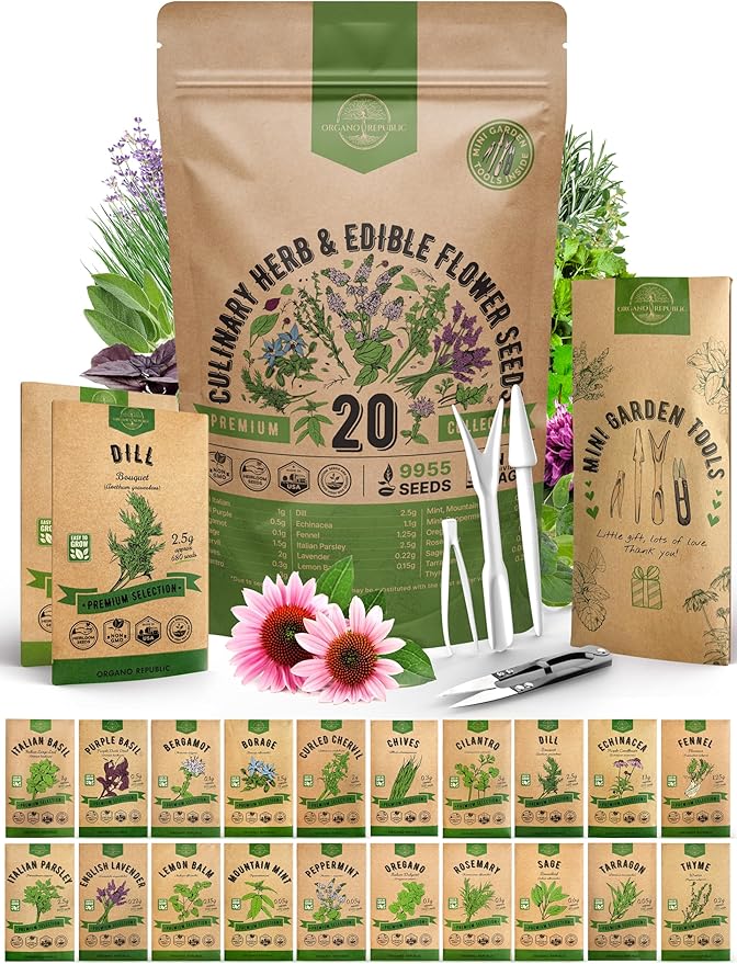 20 Culinary Herbs & Edible Flower Seed Variety Pack for Planting Indoor & Outdoors. 9500+ Non-GMO Heirloom Flower Seeds: Basil, Borage, Echinacea, Lavender, Oregano, Rosemary Seeds & More