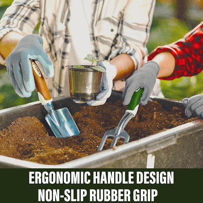 Gardening Tools Set of 9 Heavy Duty Garden Tools with Non-Slip Rubber Grip with Large Garden Bag for Tools Durable Hand Tools for Gardening, Weeding,Gardening Gifts for Women,Men (Dark Green)