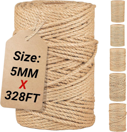Natural Jute Twine String,Bulk Jute Rope Cord Twine for Crafting Gardening,Roll of Thick and Thin Twine for Gift Wrapping,Brown Decorative Rope,Ornament Twine for Cat Scratch Post (5mm x 328ft)