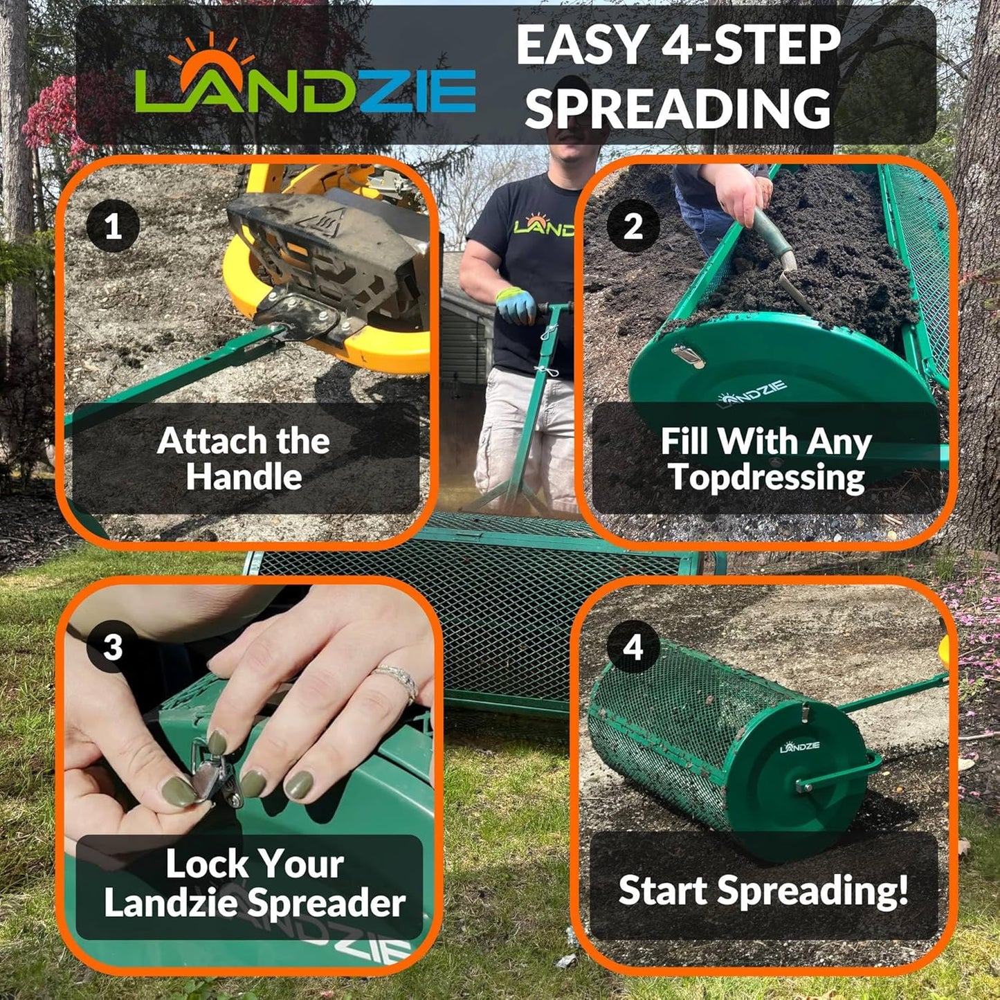 LANDZIE Lawn & Garden Spreaders - 36 Inch Heavy Duty Metal Mesh Basket Push/Tow Spreader - Compost, Peat Moss, Top Soil, Mulch - Durable Lightweight Multi-Purpose Yard Care Equipment - Manure Spreader