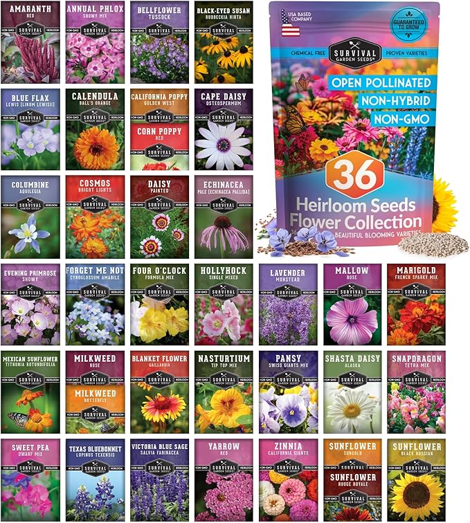 Survival Garden Seeds Functional Flowers Garden Kit - 36 Pack Starter Collection - Bee, Butterfly, Hummingbird, Pollinator Friendly Annual & Perennial Open-Pollinated Heirloom Flower Seed Varieties