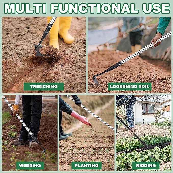 Warren Hoe, Carbon Steel Triangle Garden Hoe with Stainless Steel 57" Adjustable Long Handle, Heavy Duty Gardening Hand Tools Hoe for Ridging Weeding Digging Loosening Edging Soil