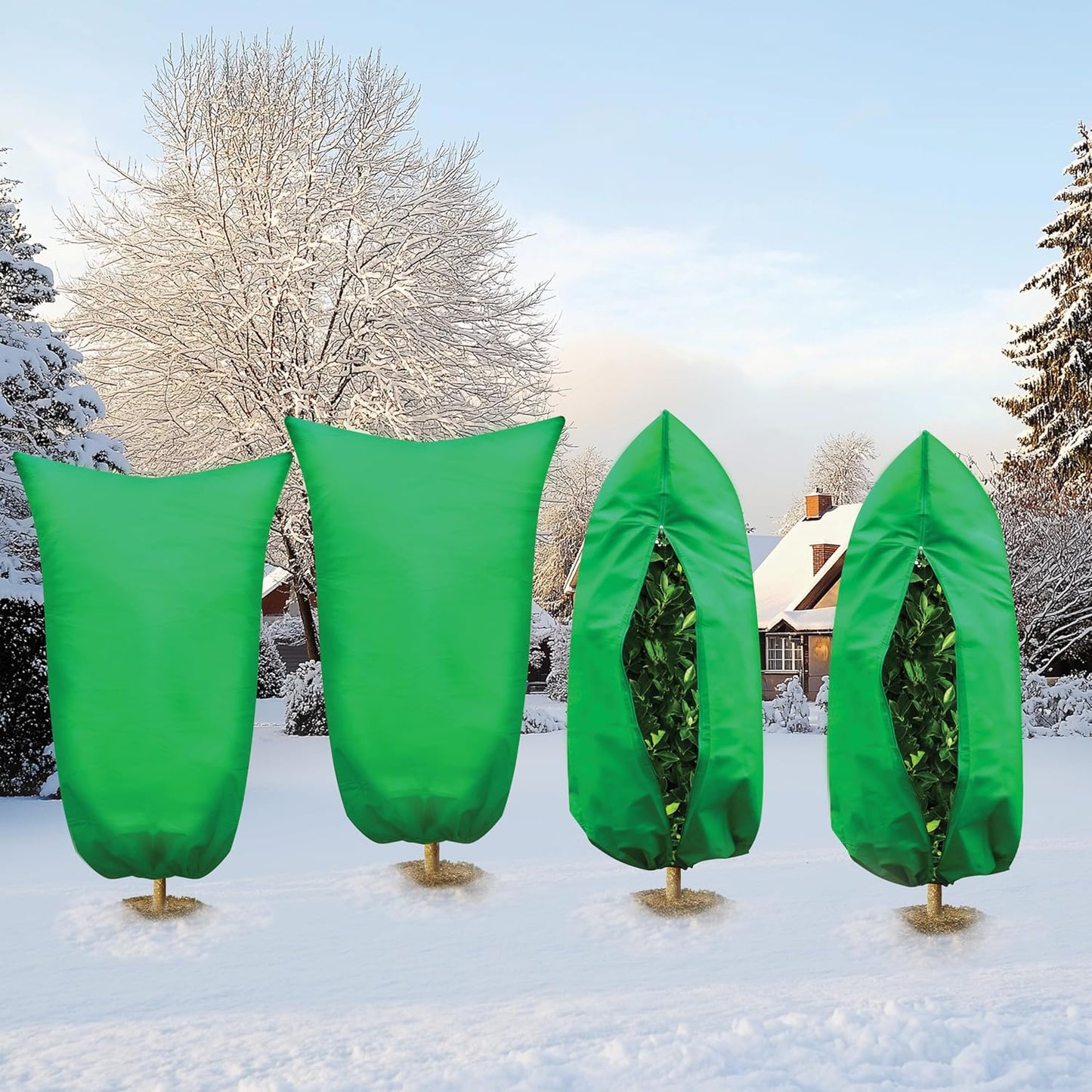 SCRUBIT Plant Covers Freeze Protection, 40" W x 47" H Frost Cloths for Outdoor Plants & Fruit Trees with Zipper and Drawstring, Thick Winter Plant Covers - 4 Pack Shrubs Frost Blankets