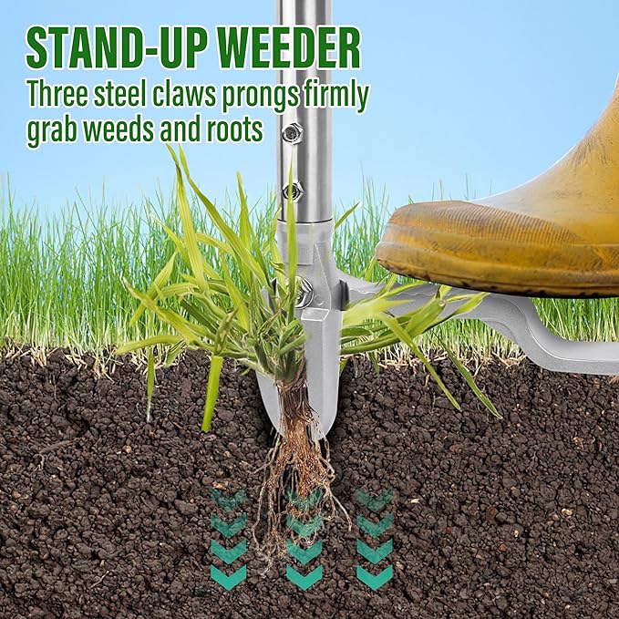 Stand up Weed Puller with 3 Claw Head, 45.6" Long Handle Weed Puller Tool Stand up Heavy Duty, Detachable Weed Remover Tool, No Need Bending Kneeling Weeding Tool for Lawn Yard Garden