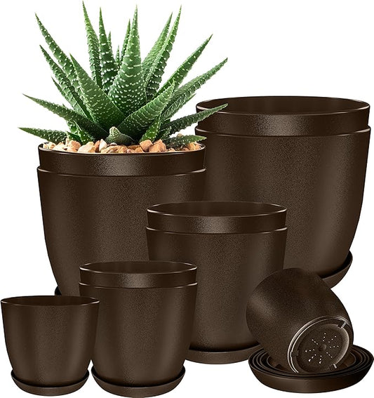 Utopia Home - Plant Pots Indoor with Drainage - 7/6.6/6/5.3/4.8 Inches Home Decor Flower Pots for Indoor Planter - Pack of 10 Plastic Planters for Indoor Plants, Cactus, Succulents Pot - Brown