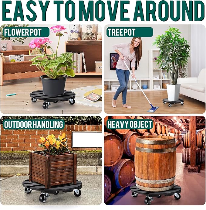 ZXZYHFTY Round Wooden Plant Stand with Wheels, 2 Packs Rolling Plant Stand with 360°Lockable Wheels for Vertical Garden Towers, Vertical Planting Tanks, Plant Pots, Wastebaskets (Black, 14")