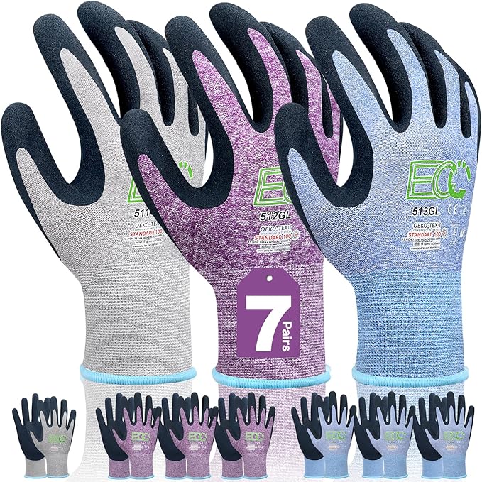 7 Pairs Women Gardening Gloves, EN388 2131X Outdoor Protective Work Gloves with Breathable Micro-Foam Coating for Gardening, General Purpose, Courtyard, 3 Purple + 3Blue +1 Grey