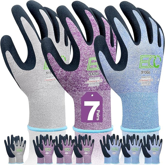 7 Pairs Women Gardening Gloves, EN388 2131X Outdoor Protective Work Gloves with Breathable Micro-Foam Coating for Gardening, General Purpose, Courtyard, 3 Purple + 3Blue +1 Grey